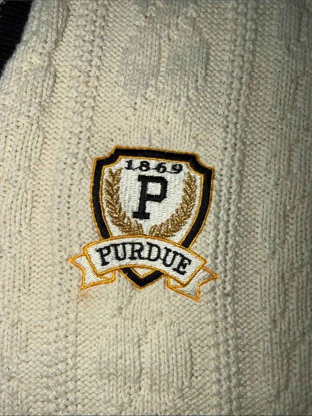 Purdue Crest Cable Knit V-Neck Sweater - Cream with Black Trim